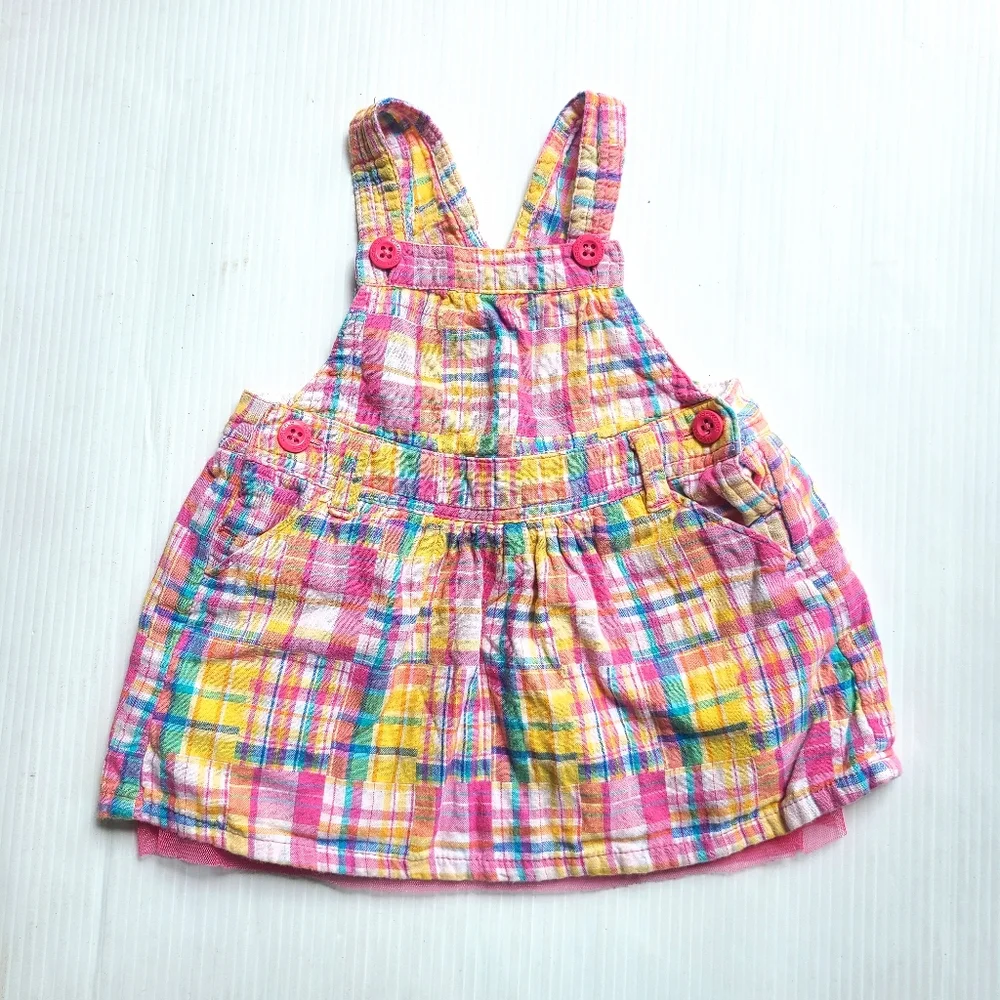 OSHKOSH B'GOSH girls pink & yellow plaid bib overall pinafore dress 9 months